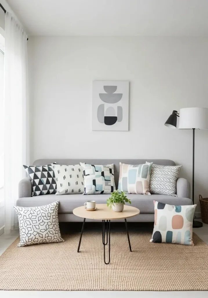 Grey couch styled with patterned cushions for added personality