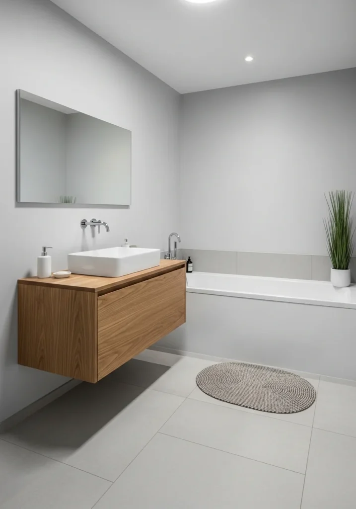 Floating vanity beside tub creating open and modern small bathroom design