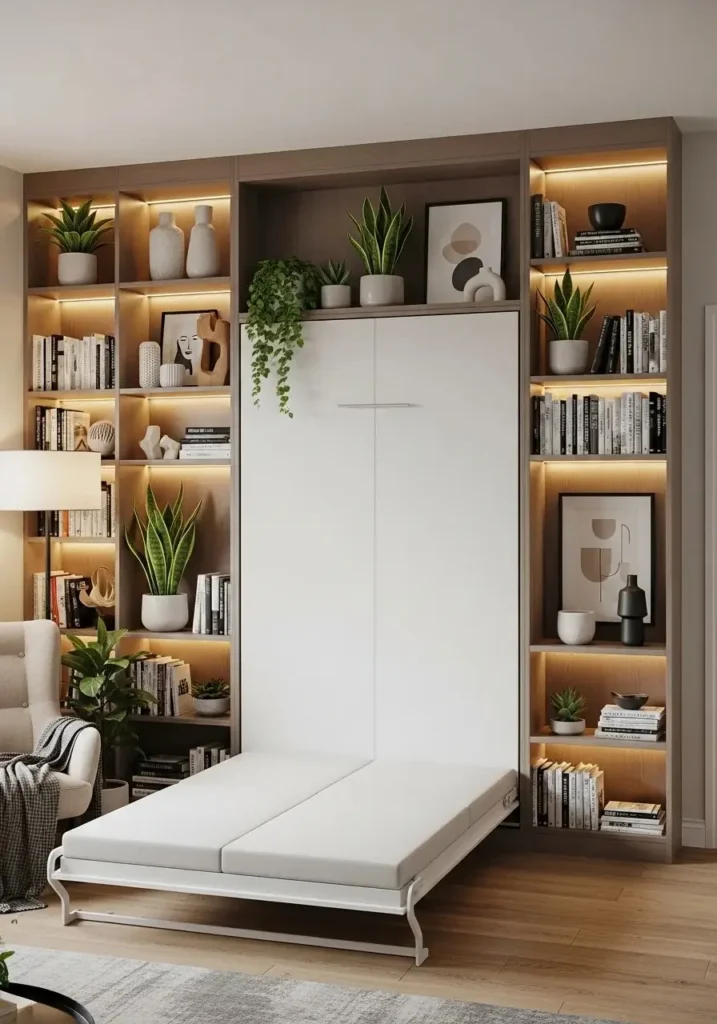 Murphy bed with built-in bookshelves creating a stylish library wall