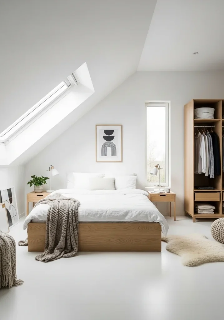 Scandinavian attic bedroom with white tones and light wood furniture
