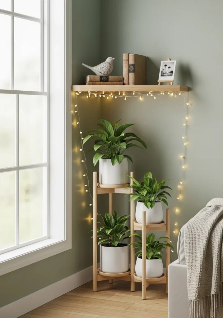 Small bedroom corner used for stylish storage and decor