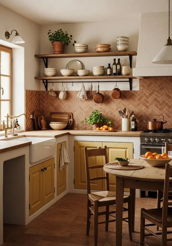 Terracotta kitchen backsplash creating warm rustic Mediterranean vibes