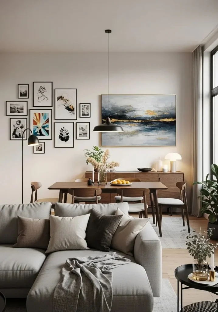 Gallery wall and artwork defining living and dining zones