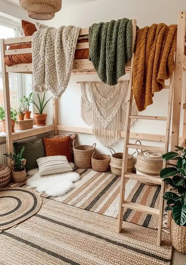 Boho loft bed with layered textures and warm earthy decor