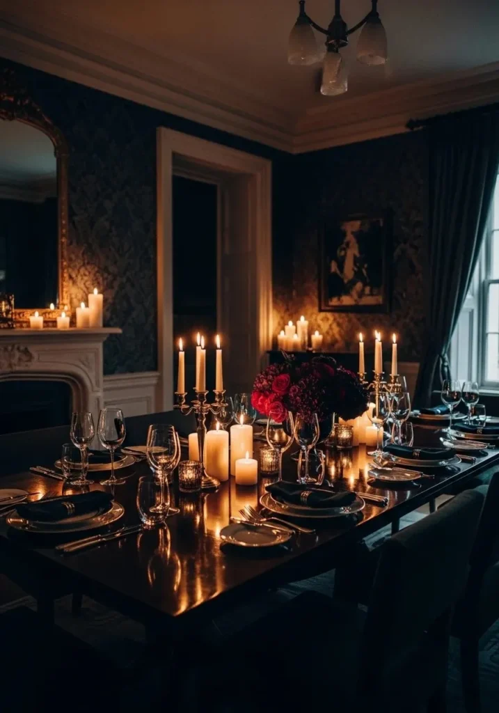 moody dining room with candlelight creating cozy atmosphere