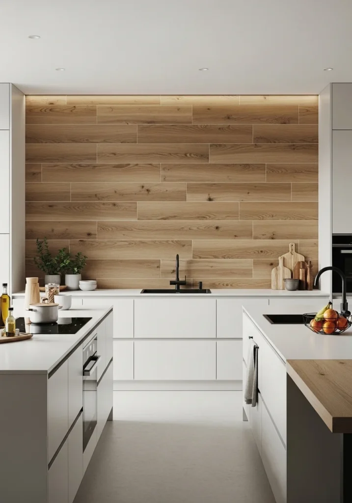 Wood-look tile backsplash adding natural warmth to kitchen design