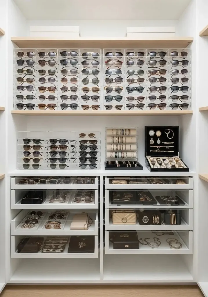 Acrylic storage boxes keeping accessories visible and organized