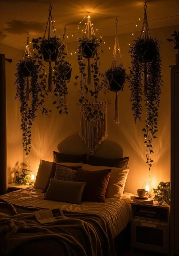hanging plants with fairy lights cozy indoor decor idea