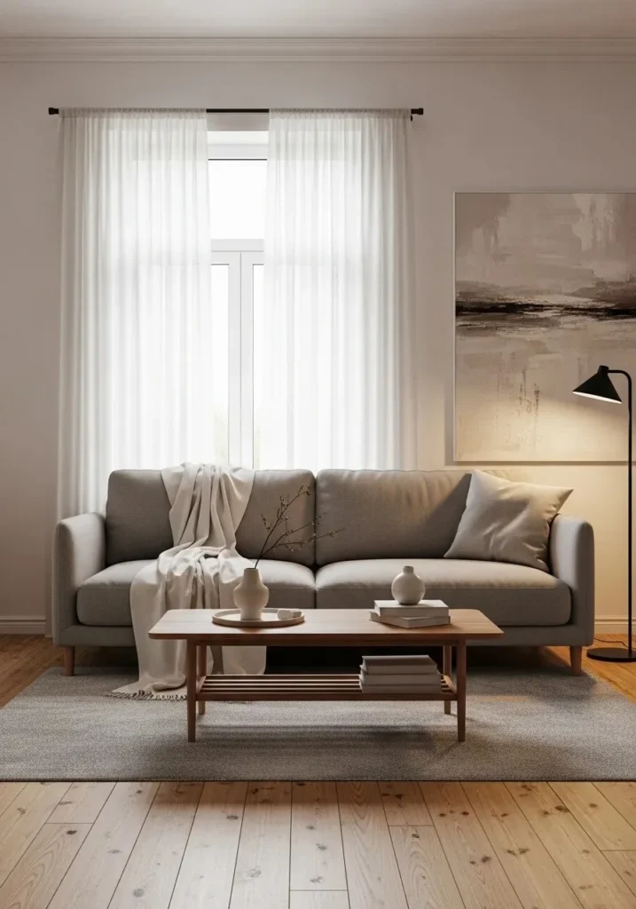 Grey couch with cozy throw blanket creating a relaxed look