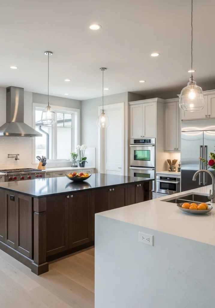mixed material black and white countertops kitchen design