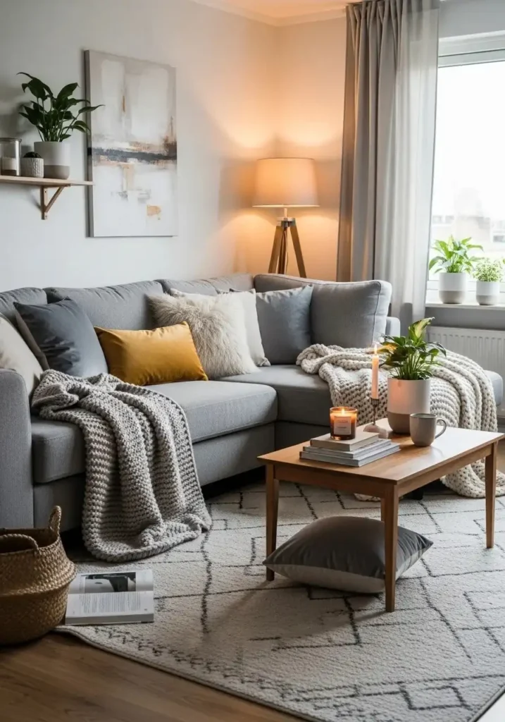 Grey couch layered with cozy textiles for a warm inviting feel