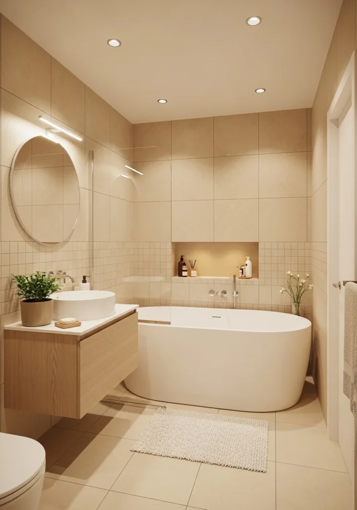 Compact freestanding tub in a small bathroom with soft neutral tones and spa-like minimal design