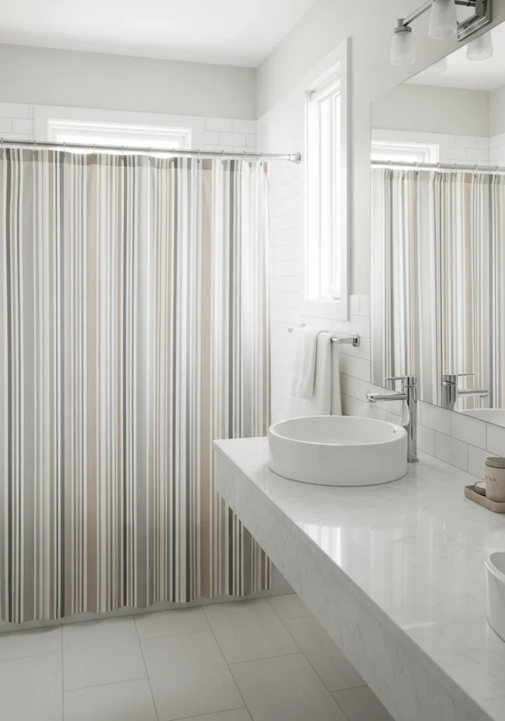 Striped bathroom curtain adding a fresh and timeless look