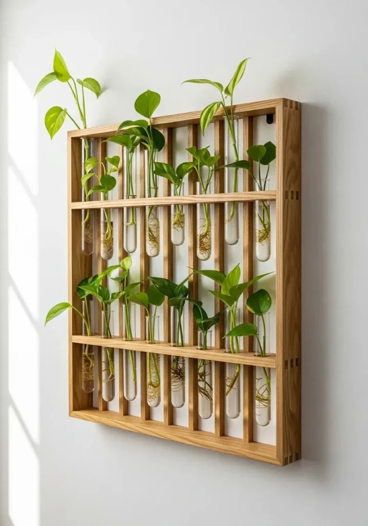 Wall-mounted water plant display with glass tubes and greenery
