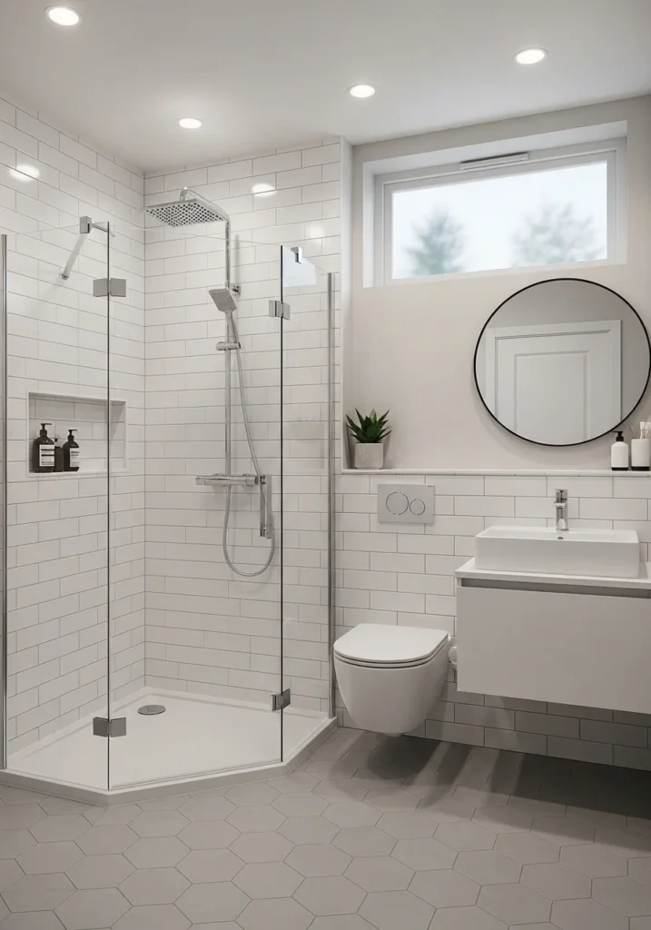 Corner walk-in shower maximizing space in a small bathroom layout