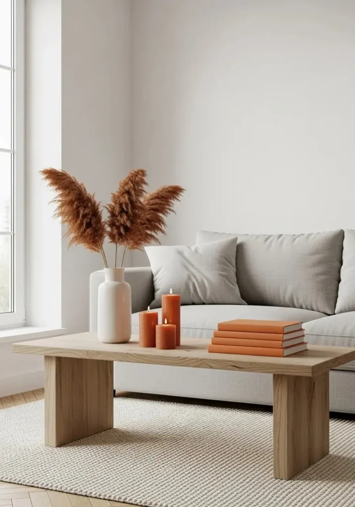 Burnt orange decorative accents adding subtle warmth to living room