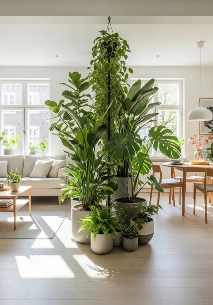 Plants used as natural divider in living dining room combo