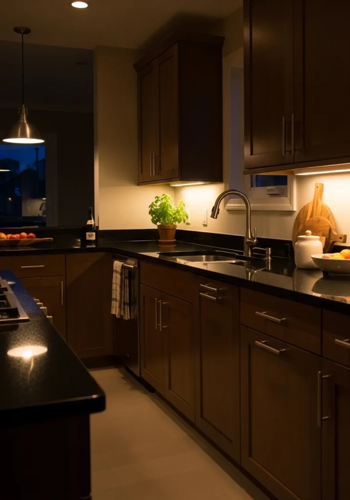 Dimmable lighting creating cozy mood in black countertop kitchen