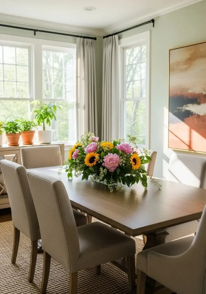Vibrant floral arrangement adding freshness and color to a dining table