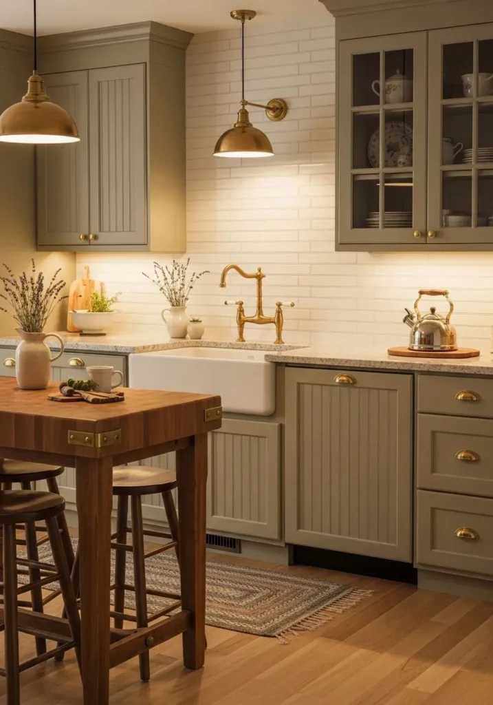 Cream beadboard backsplash creating a warm vintage kitchen feel