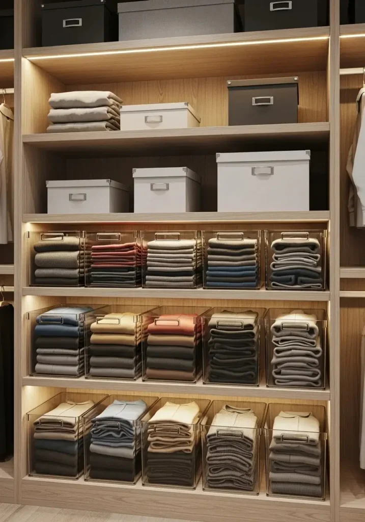 Clear storage bins in closet shelves for easy and organized access