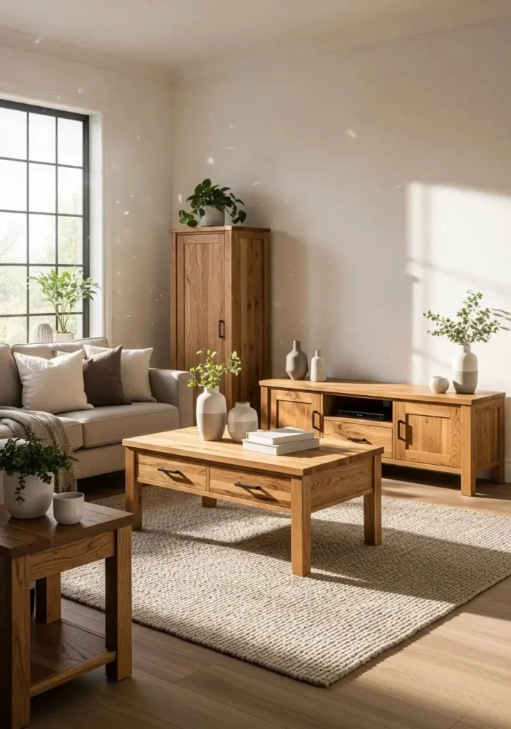 Japandi living room with natural wood tones and warm texture