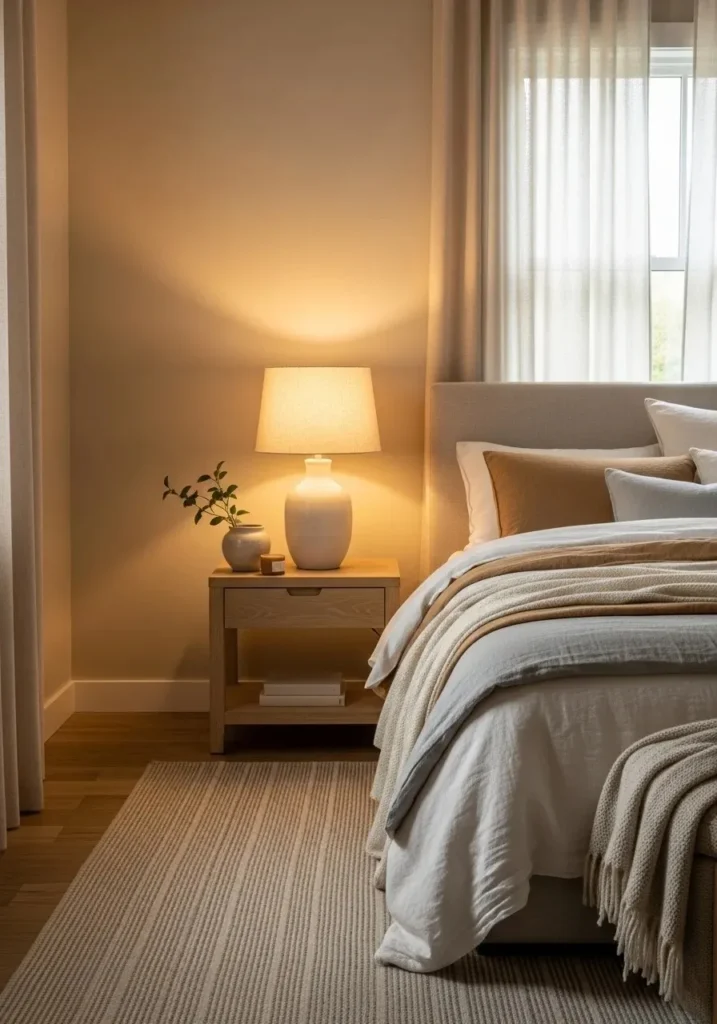 Fabric shade lamp creating soft cozy bedroom lighting