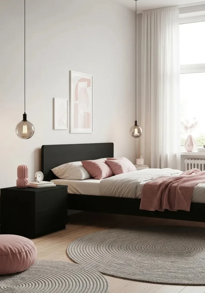 Minimal black furniture with subtle pink accents in a clean modern bedroom