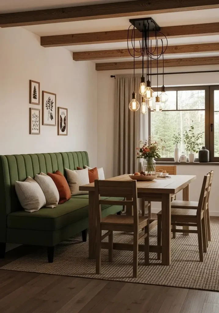 Forest green bench seating creating cozy and comfortable dining atmosphere