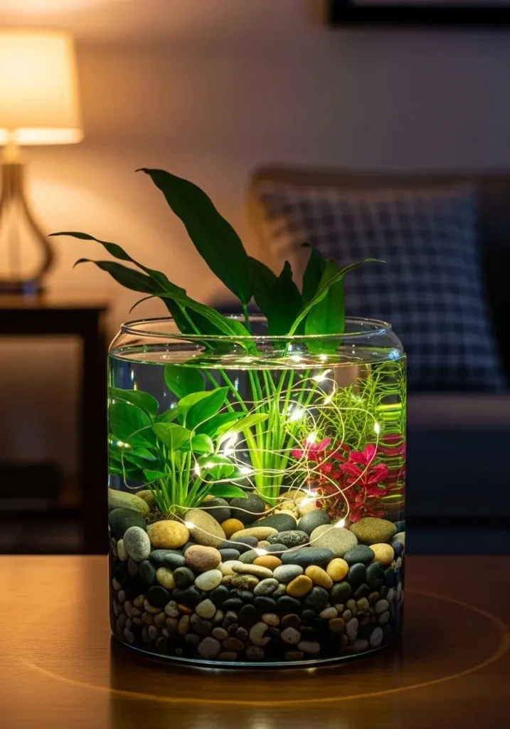 Water plants with stones and LED lights creating cozy glowing decor