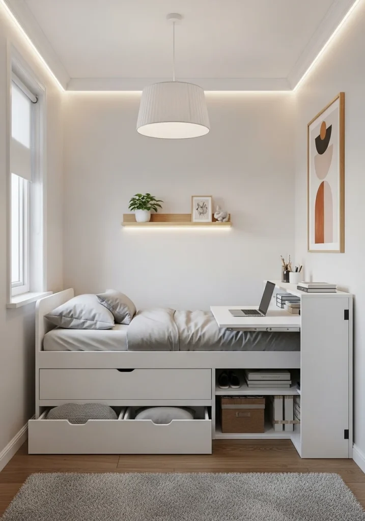 Small bedroom with space-saving multifunctional furniture and storage bed