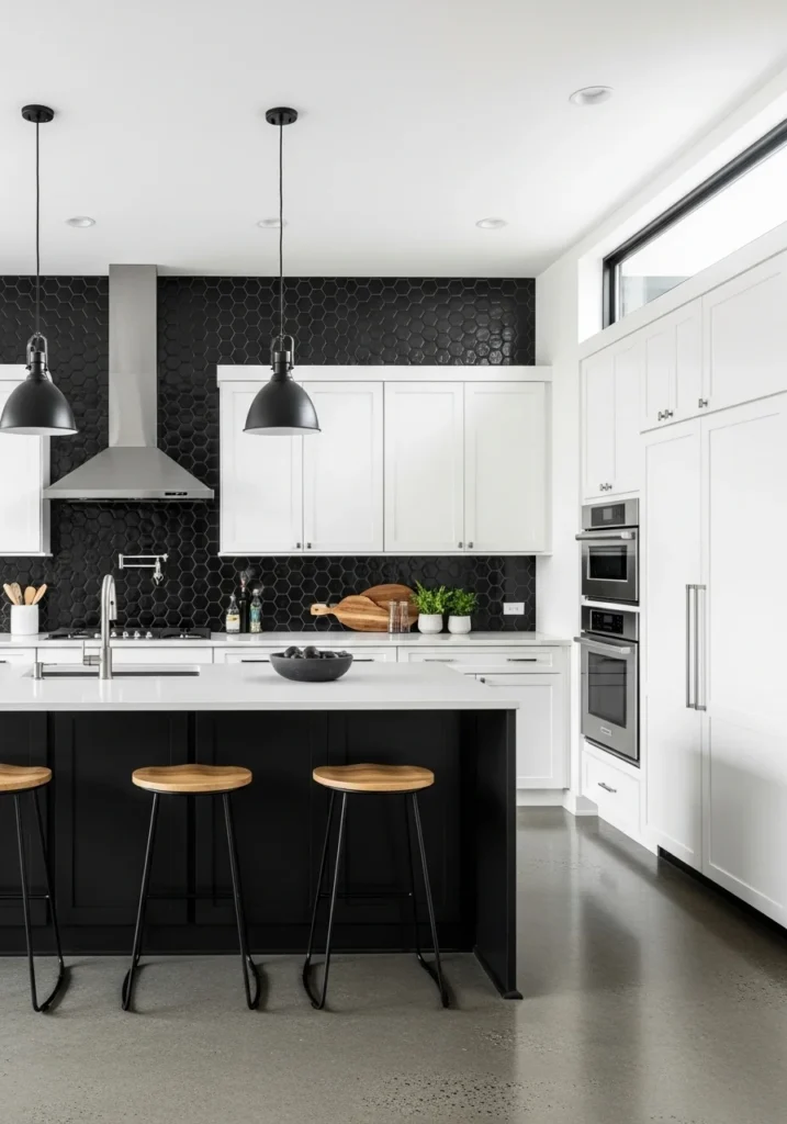Black hexagon tile backsplash adding bold contrast to kitchen design