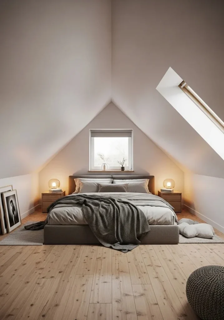 Cozy attic bedroom with a low bed placed under a sloped ceiling and soft neutral decor