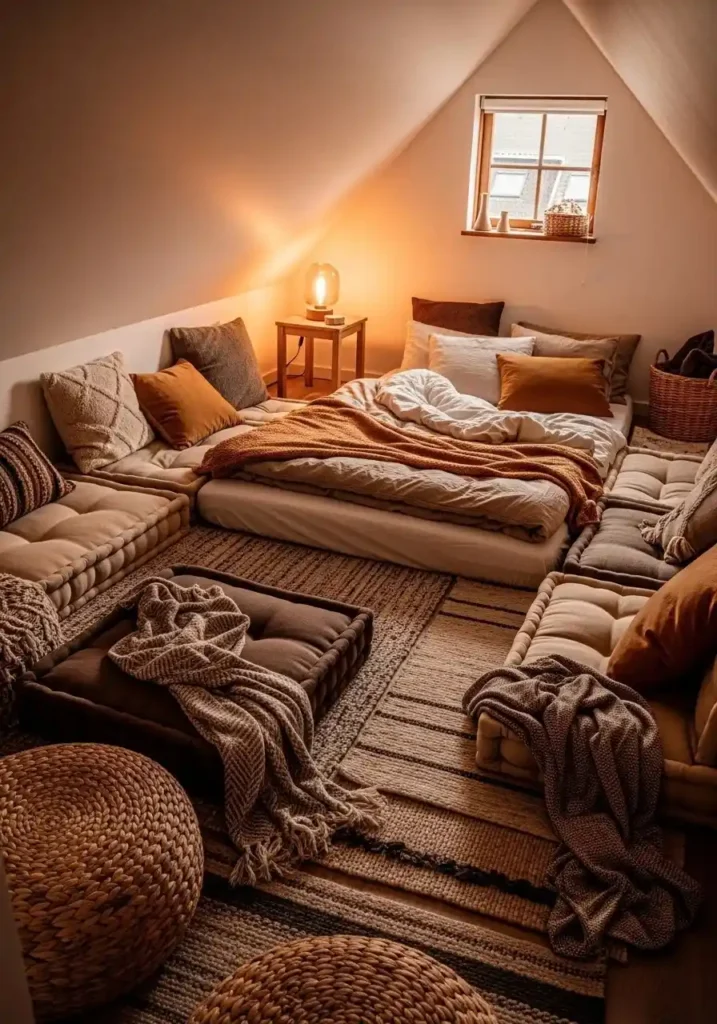 Attic bedroom with floor seating setup using cushions and low mattress