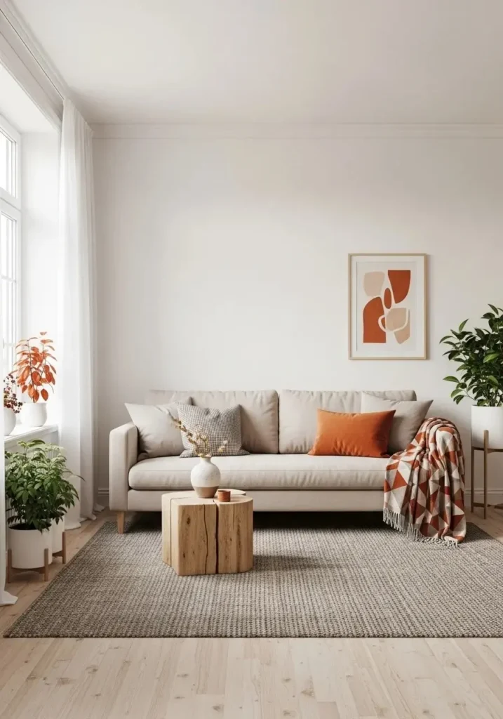 Neutral living room base balanced with burnt orange accent decor