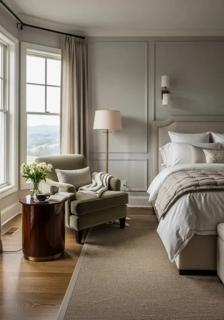Master bedroom with a comfortable sitting area for relaxation