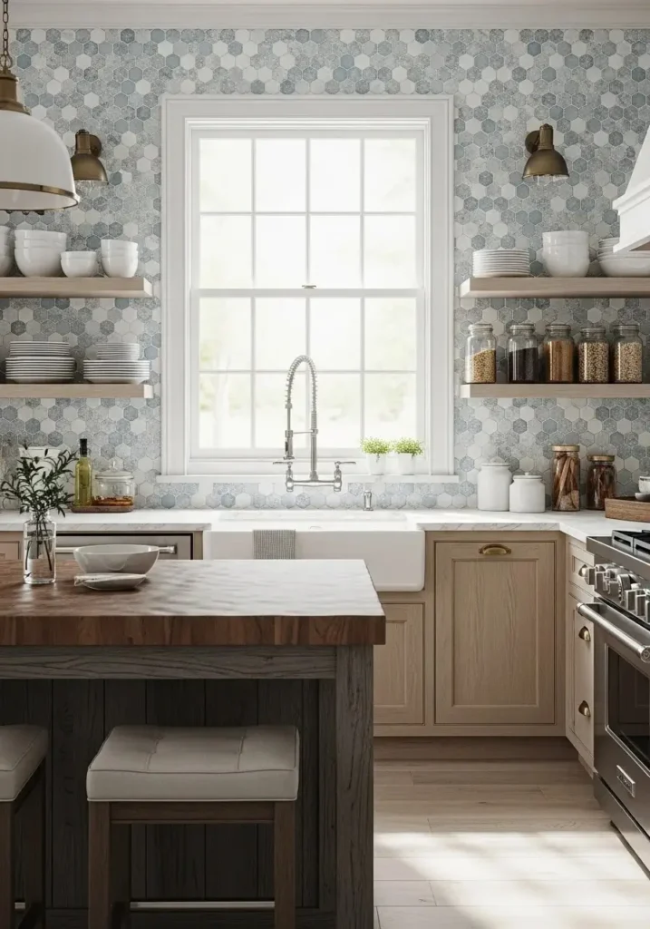 Penny round mosaic tile backsplash adding texture to kitchen wall