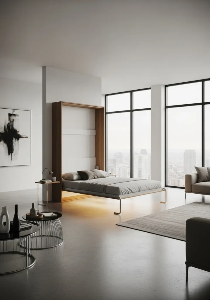 Floating Murphy bed design with modern minimalist aesthetic