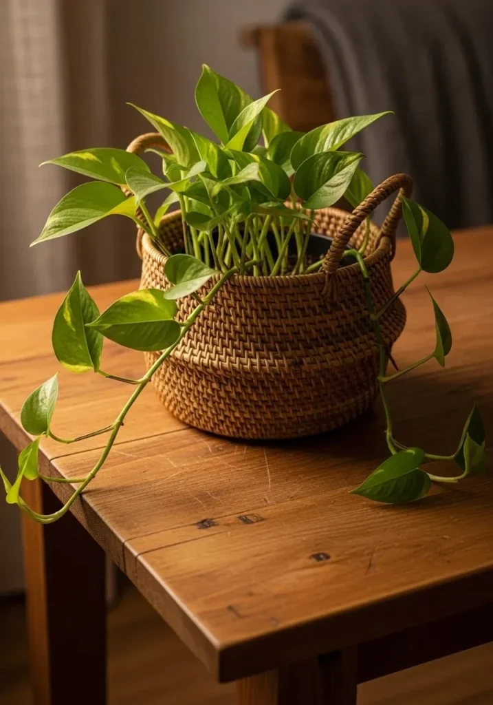 Woven basket with plant used as natural table centerpiece