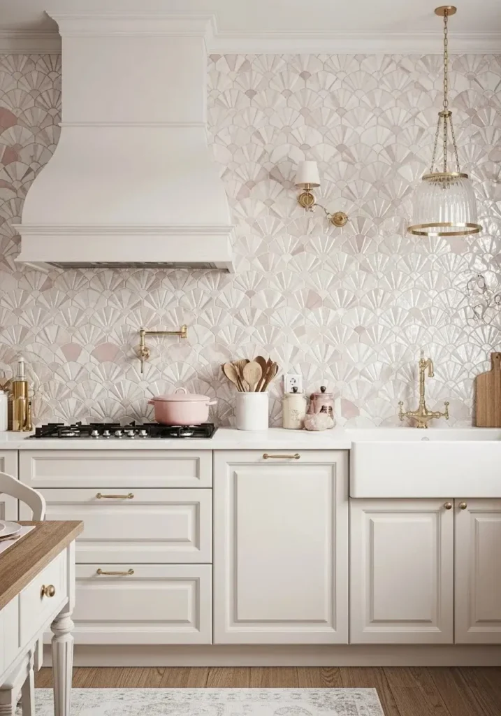 Scallop tile backsplash creating a soft and elegant kitchen design