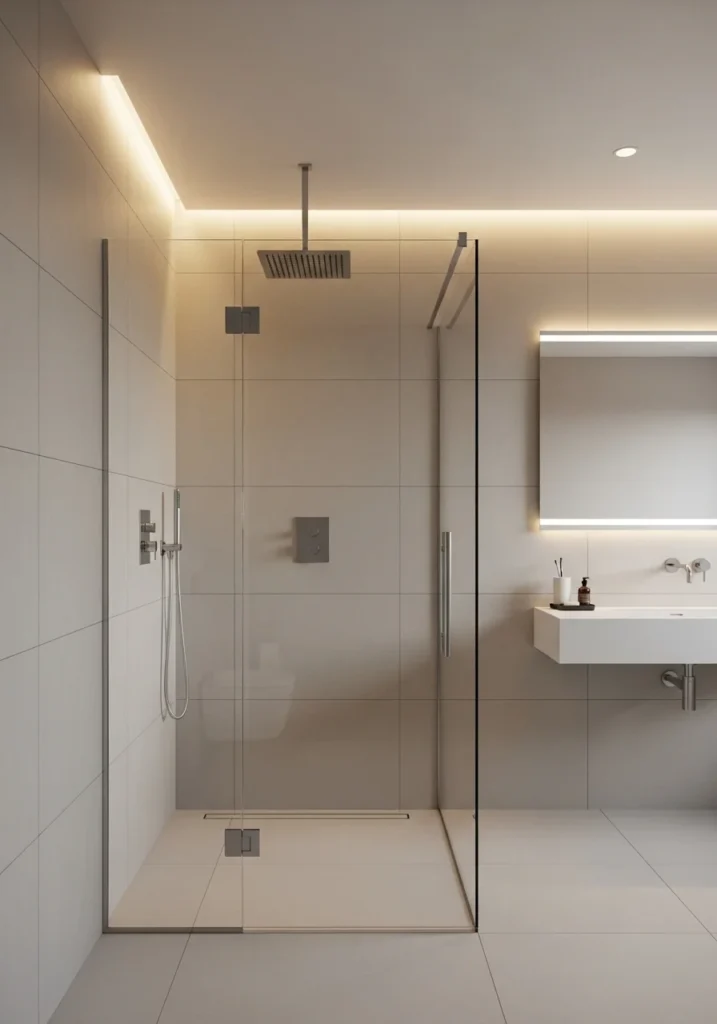 Rain showerhead adding luxury to a small walk-in shower bathroom