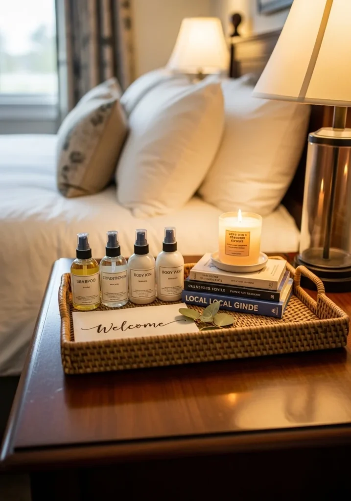 Guest room with personal touches like welcome tray, candle, and note for a homey feel.