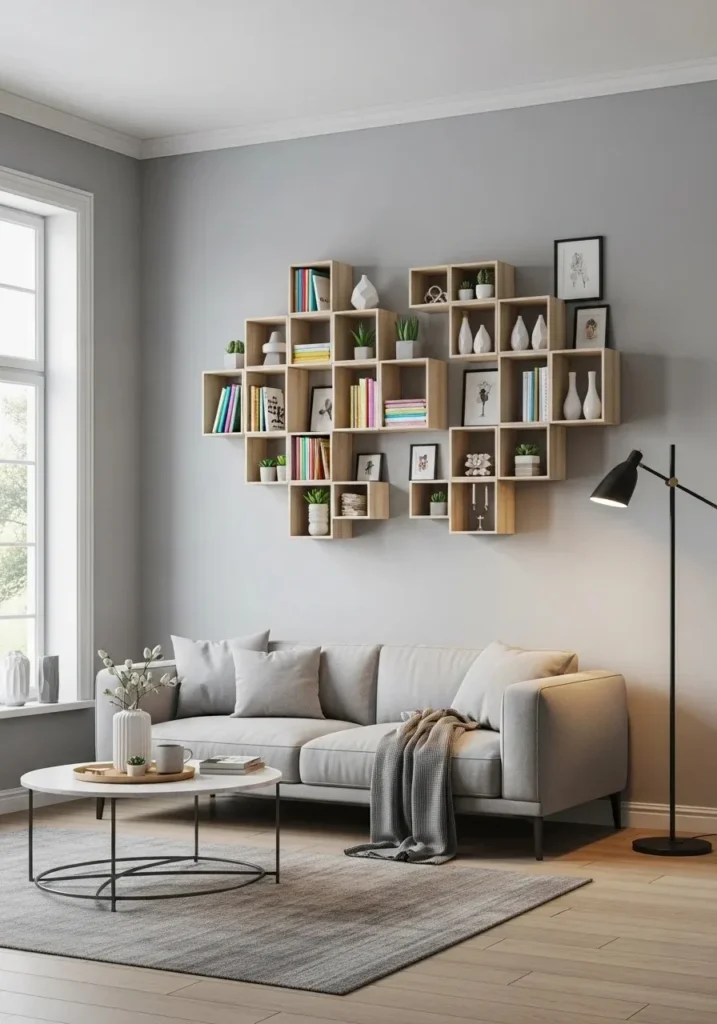 Floating box shelves arranged creatively in living room for modern, structured storage