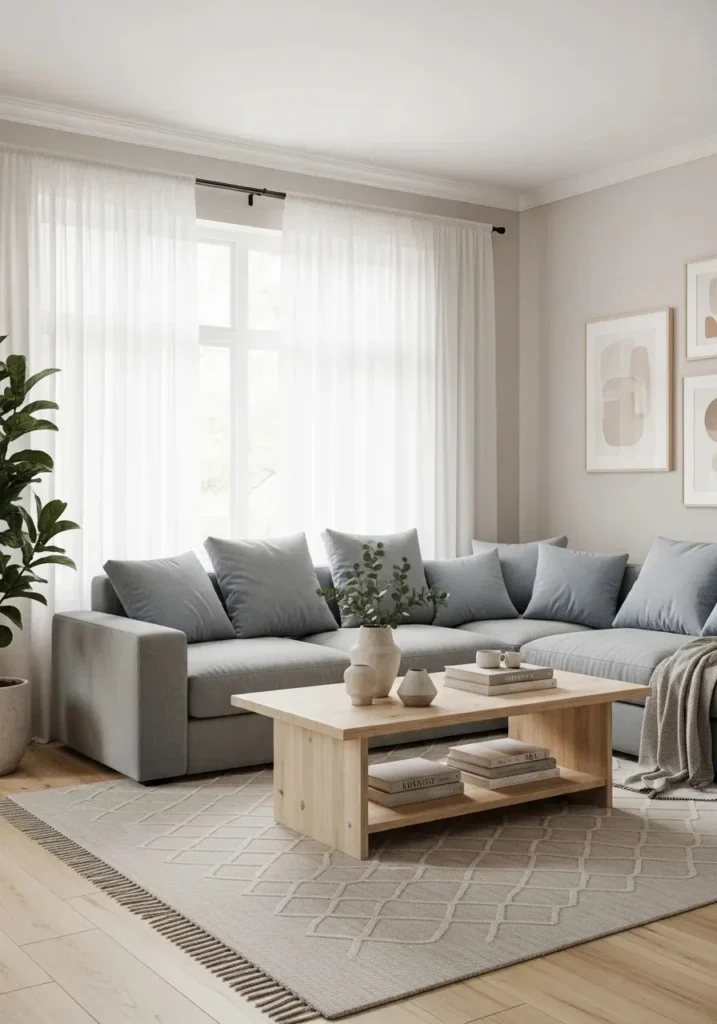 Grey couch paired with soft blue tones for a calm and elegant look