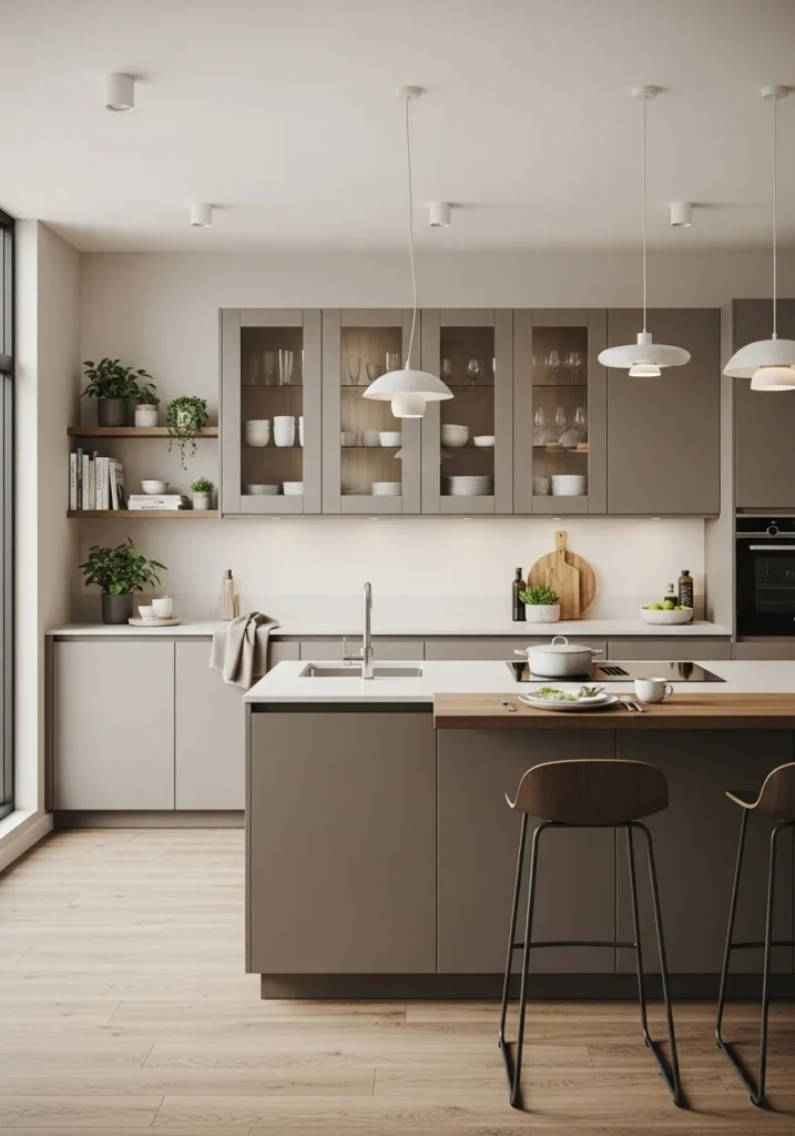 Greige kitchen cabinets with warm neutral blend