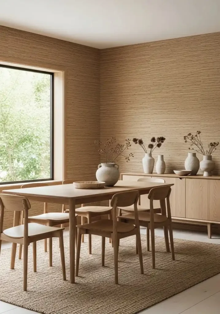 Grasscloth wallpaper adding natural texture to dining room