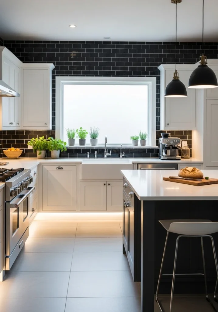 white countertops black backsplash modern kitchen idea