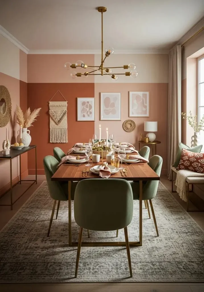 Layered color palette in dining room creating a rich and cohesive design