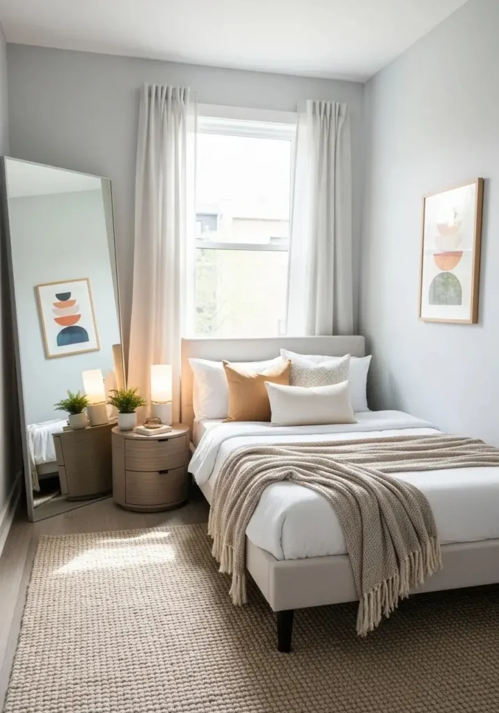 Small bedroom with mirror reflecting light to make room appear larger