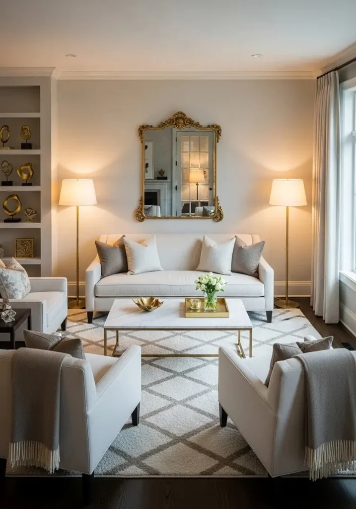 Luxury living room with metallic accents adding subtle glamorous touch.